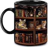 YIDAJI Book Lovers Gift - Bookshelf Gifts - Cat Book Mug - Bookish, Bookworm Gifts - Bookshelf Mug - Book Mug For Women, Reader, Librarian, Write - Birthday Gift Idea For Cat Lover, Owner Cat