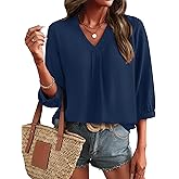 LOMON Womens 3/4 Sleeve V Neck Boho Peasant Blouses Dressy Casual Breathable Soft Tunic Tops with Button Cuffs