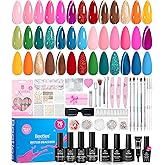 beetles Gel Polish 75 PCS Deal Box 20 Colors Nail Kit – Brown Blue Red Purple Glitter Cat Eye Gel, Glossy&Matte Top Coat DIY UV/LED Gel Nail Set Home Salon Valentines Gifts for Women Girls