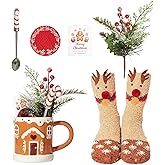 WDS WONDROUS Gingerbread House Mug Set Christmas Coffee Mugs with Socks, Coaster, Spoon, Greeting Card & Red Berry Artificial Pine Stems, Cute Xmas Ceramic Cup Gift for Women, Boys Girls