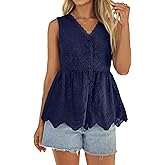 Simplee Womens Tank Top 2026 Summer Casual Babydoll Sleeveless Eyelet Embroidered V Neck Button Down Peplum Tank Tops