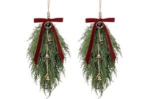 Shihanee 2 Pack Christmas Greenery Cedar Teardrop Swag with Velvet Ribbon Bow and Rustic Vintage Bells - Artificial Swag Wreath for Tree Outdoor Front Door Farmhouse Home Wall Mantle Decor(Burgundy)