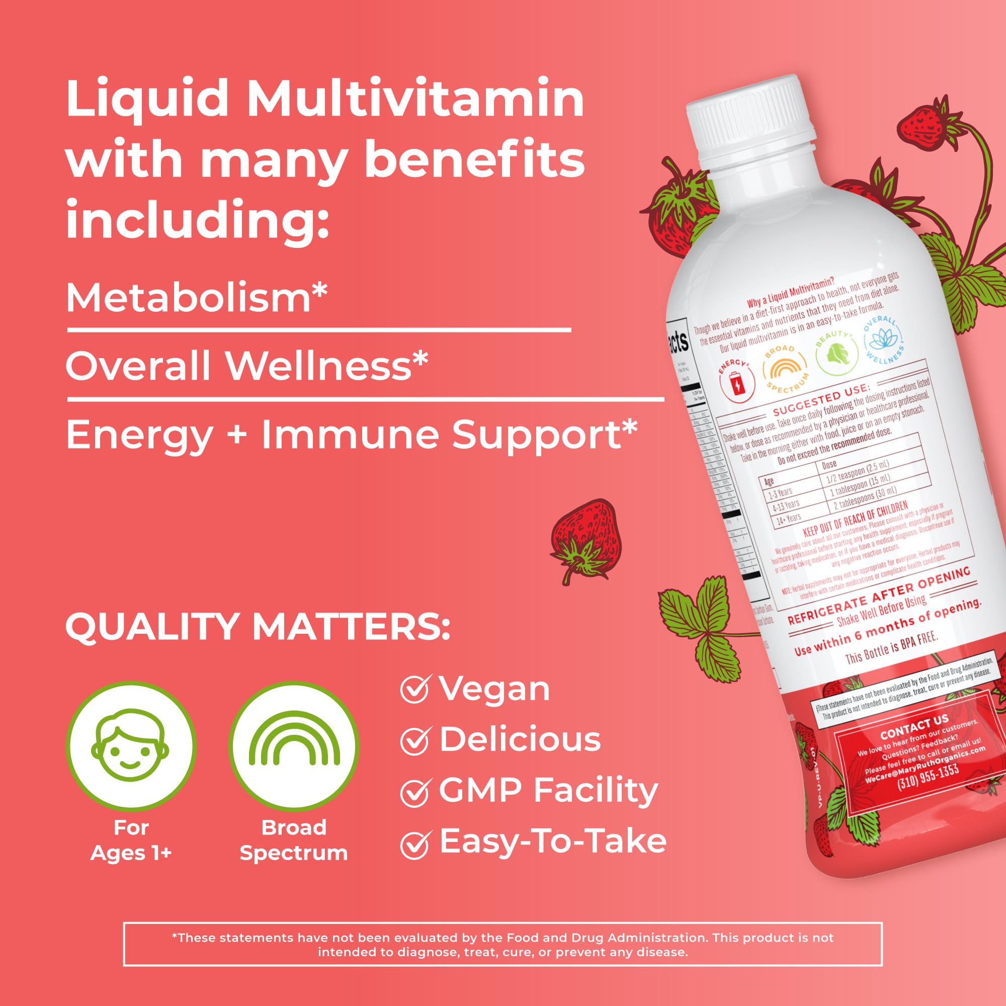 Multivitamin Multimineral for Women Men & Kids by MaryRuth's | No Added Sugar | Vegan Liquid Vitamins for Adults & Kids | Mens, Womens Multivitamin | Energy & Beauty Booster | Non-GMO | 32 Fl Oz