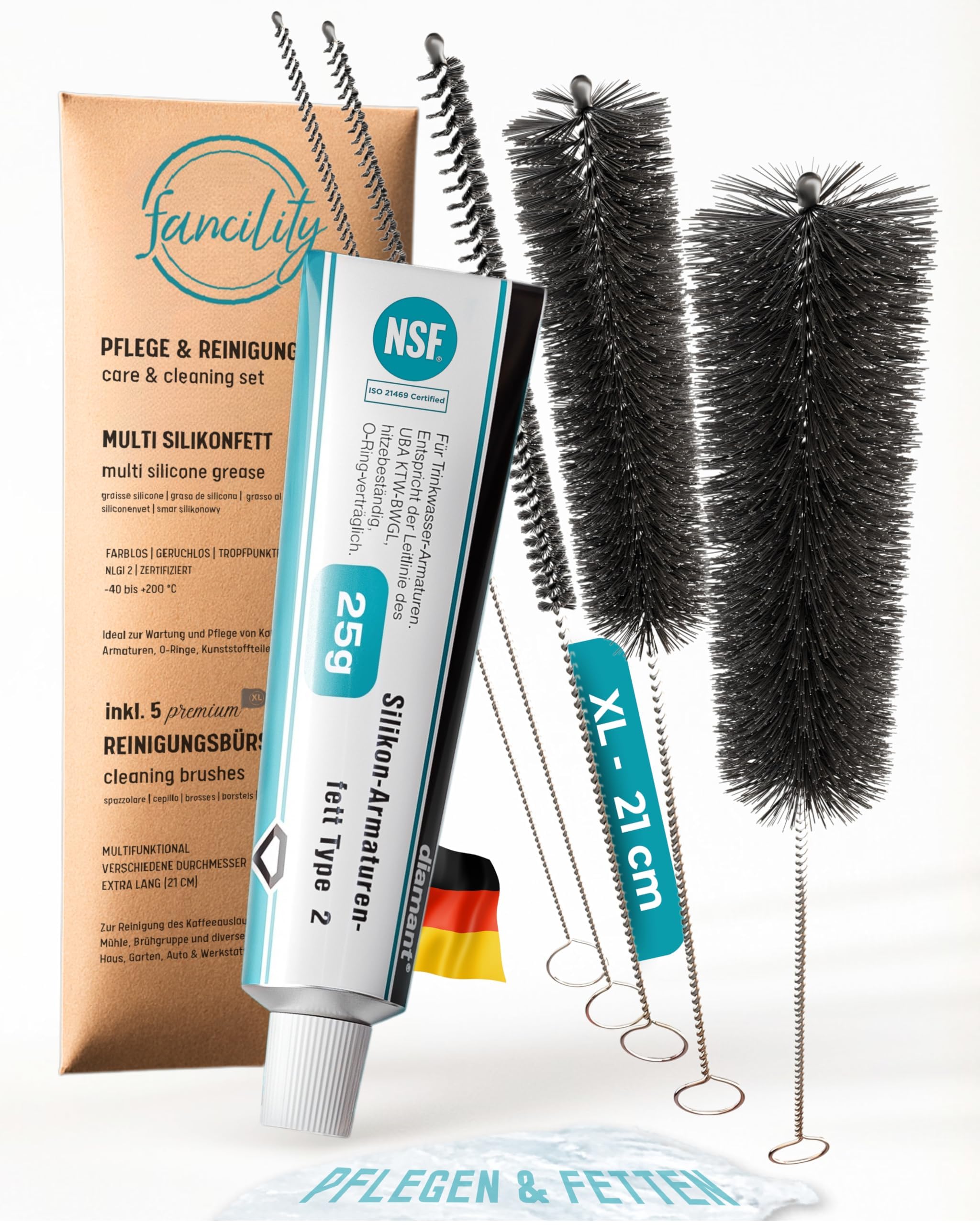 fancility® 25g Silikonfett für Kaffeevollautomaten & Armaturen-Fett (2-fach geprüft) + 5 XL Reinigungsbürsten 21cm - Hahnfett für Dichtungen, O-Ringe & Brühgruppe - Multi-Schmierfett lebensmittelecht