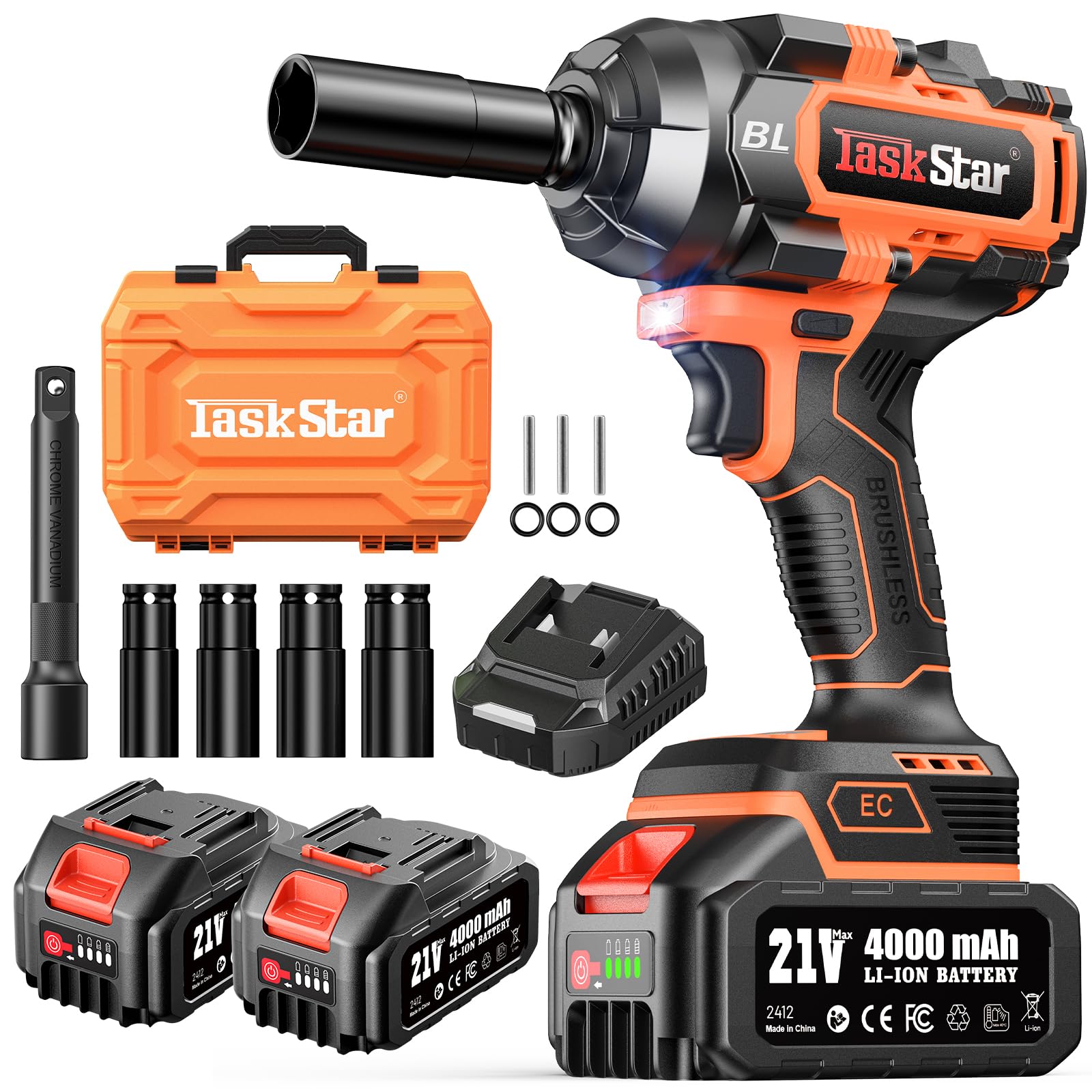 Photo 1 of Cordless Impact Wrench 1/2“, 1110 Ft-lbs(1500 N.m) Brushless High Torque Impact Gun, 2 * 4.0 Ah Batteries, Fast Charger, Socket Sets, Lug Nuts Removal Electric Impact Driver for Car Mower Truck Gift