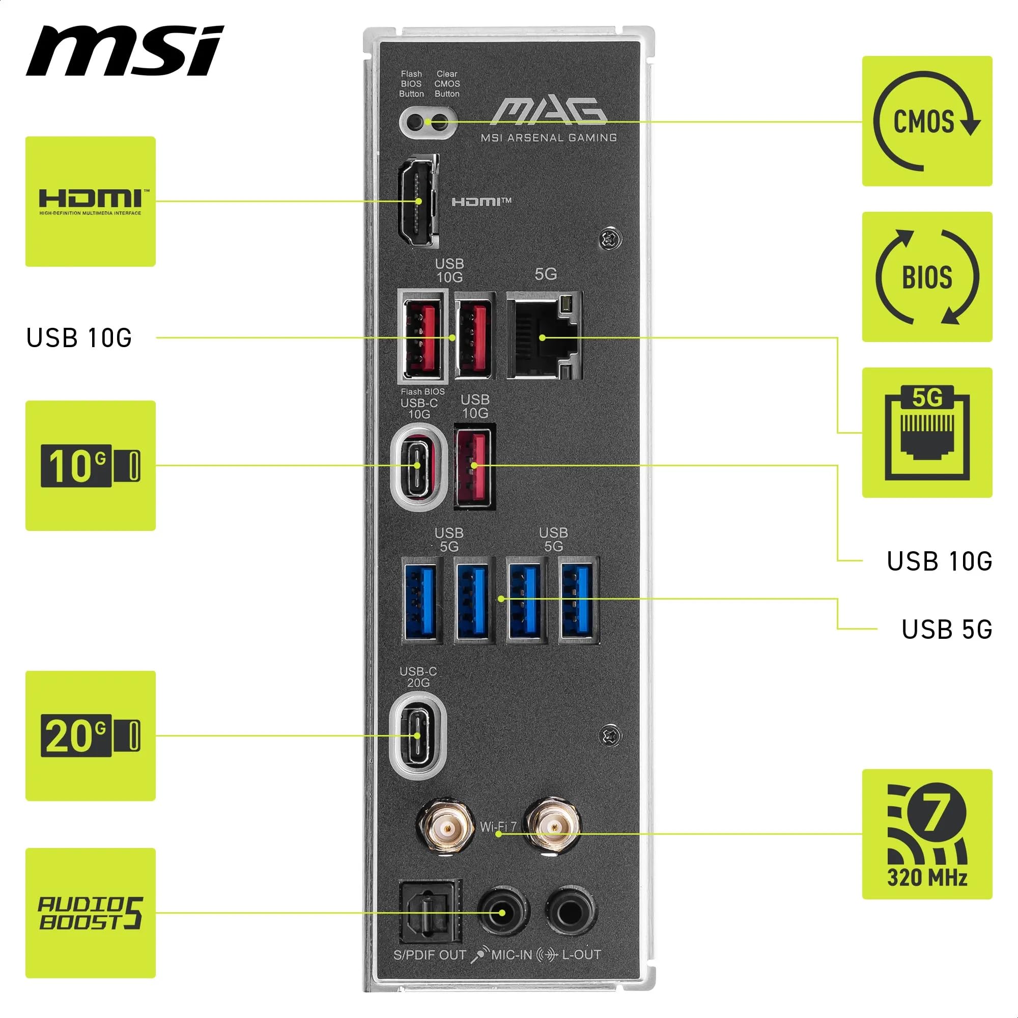 MSI MAG B850M Mortar WiFi Motherboard, mATX - Supports AMD Ryzen 9000/8000 / 7000 Processors, AM5-60A SPS VRM, DDR5 Memory Boost 8200+ MT/s (OC), PCIe 5.0 x16, M.2 Gen5, Wi-Fi 7, 5G LAN
