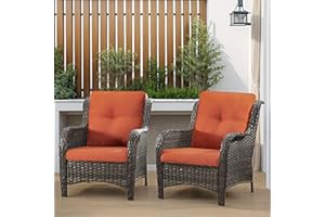 Gardenbee Patio Wicker Chairs Set of 2, Patio Rattan Dining Chairs with 3.5-inch Seat Cushions, High Back and Curved Armrest for Garden, Backyard, Balcony and Deck, Orange