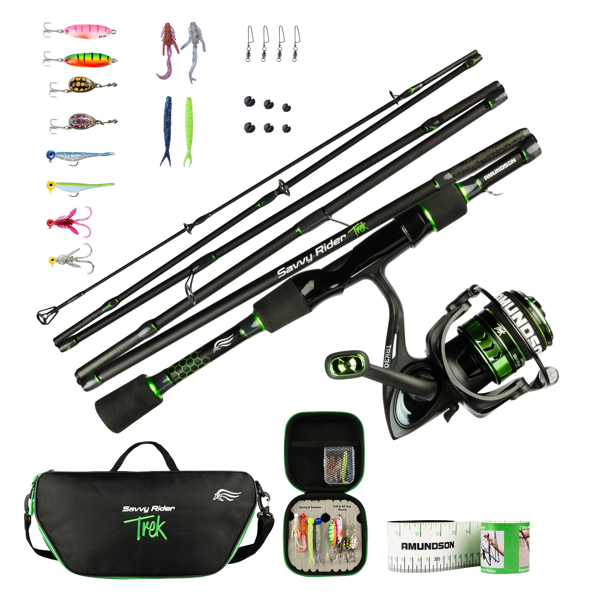 AMUNDSON - Trek Rod & Reel - IM6 Graphite Carbon Rod - Fishing set for camping, hiking & kayaking - Suitable for fresh and salt water & all seasons - For beginners & anglers