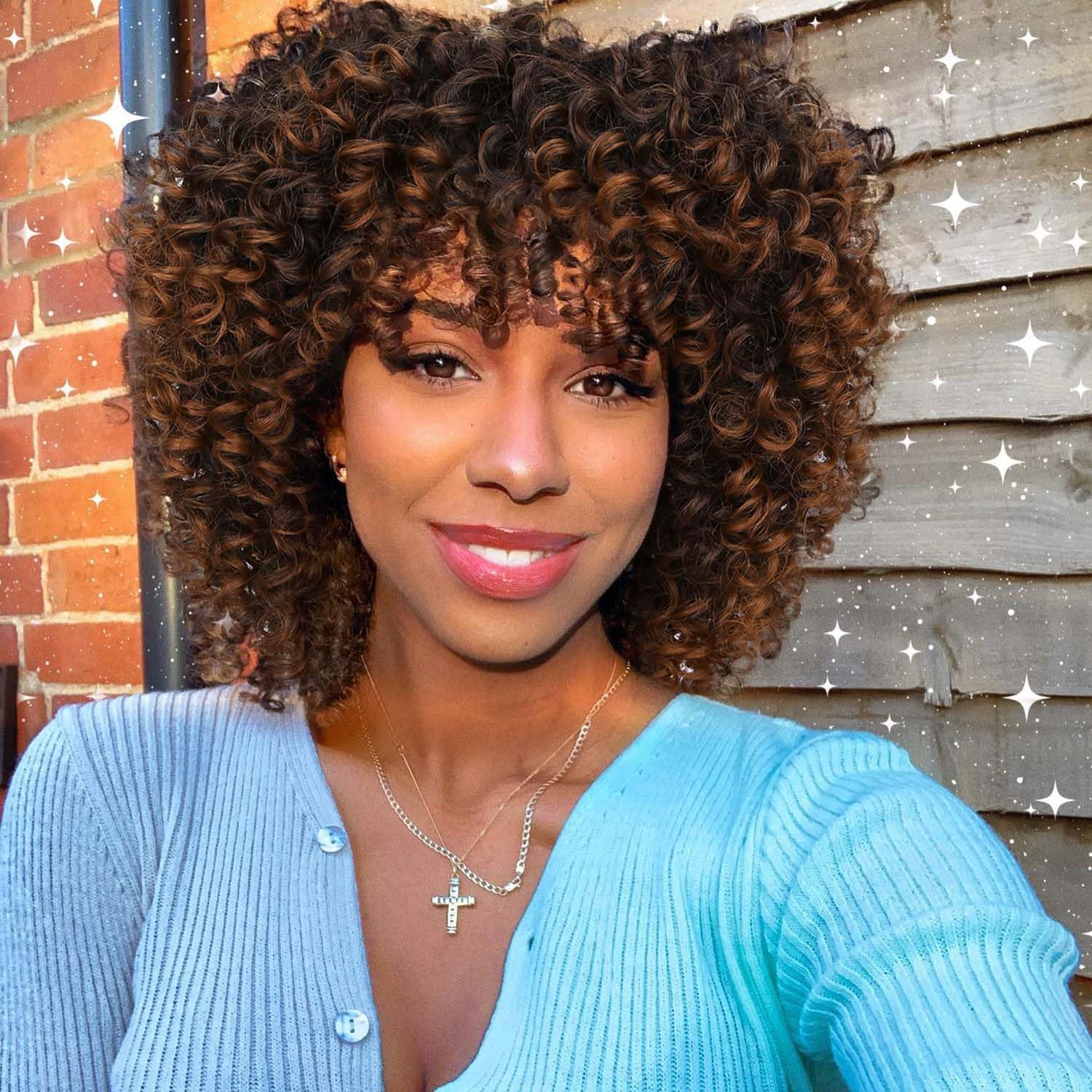 Photo 1 of Lady Hanne Afro Kinky Curly Wig With Bangs Short Curly Afro Wigs for Black Women 12 Inches Ombre Brown Synthetic Curly Wigs