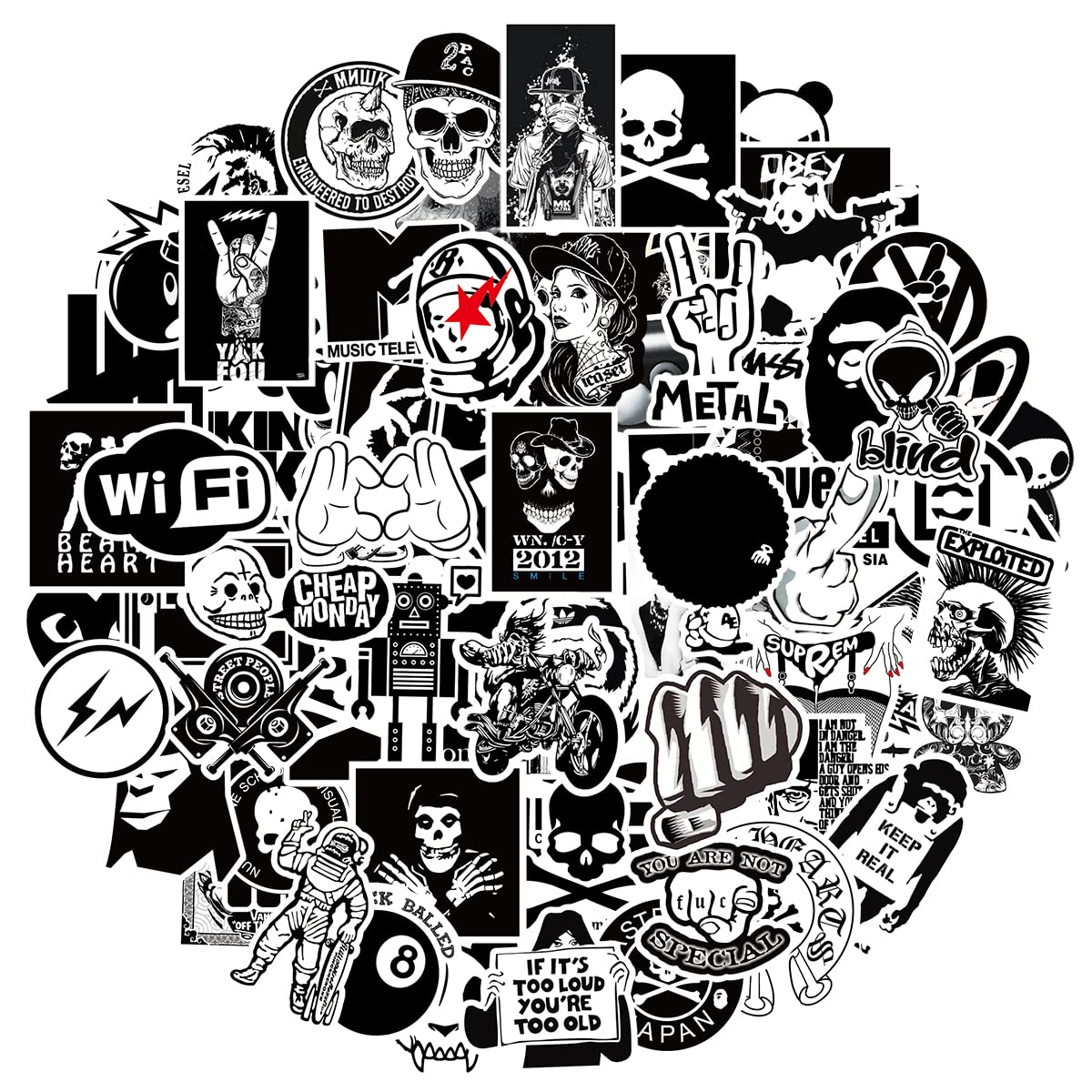 MARSFORCE Fashion Black&White Stickers, Cool Waterproof Vinyl Decals for Laptop Water Bottles Skateboard Bike Car Helmet Travel Luggage Guitar Toy Phones DIY Party [100 PCS]