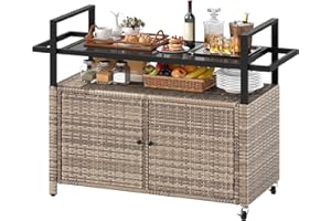 DWVO XL Outdoor Storage Cabinet,Patio Storage Table with Glass Top, Bar Table with Wheels,Outdoor Bar Cart for Patio, Poolside and Backyard,Light Brown