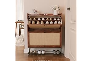 AVZEAR Narrow Shoe Storage Cabinet for Entryway with 2 Flip Drawers, Freestanding Shoe Cabinet with Natural Linen Panel, Slim Wood Shoe Organizer Closed Shoe Rack for Hallway, Foyer(Walnut)