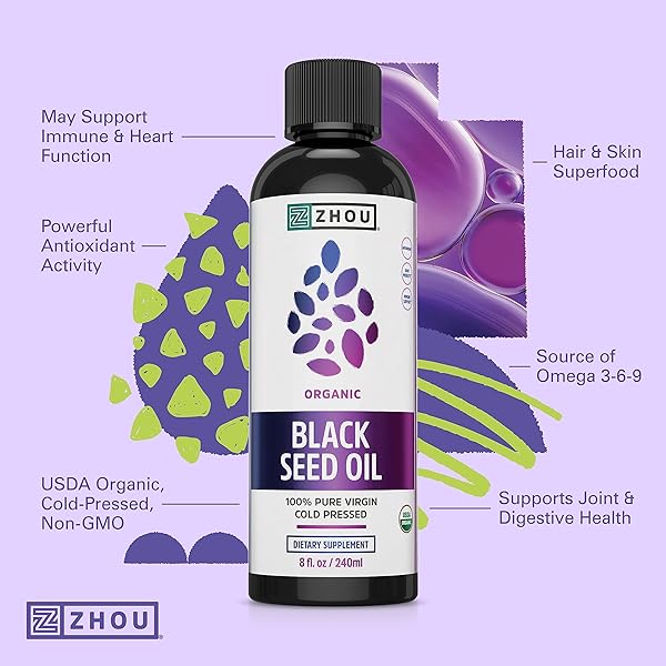 ZHOU ORGANIC BLACK SEED OIL – BLACK CUMIN SEED OIL COLD PRESSED, NIGELLA SATIVA, PURE UNREFINED BLACKSEED LIQUID, PREMIUM SUPPLEMENT FOR HEALTH WITH THYMOQUINONE, OMEGA 3 6 9 – 8 FL OZ (PACK OF 1)