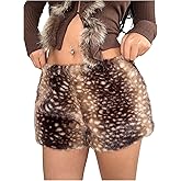 SHENHE Women's Y2k Fuzzy Shorts Deer Print Low Rise Western Plush Shorts 2000s Rave Clubwear