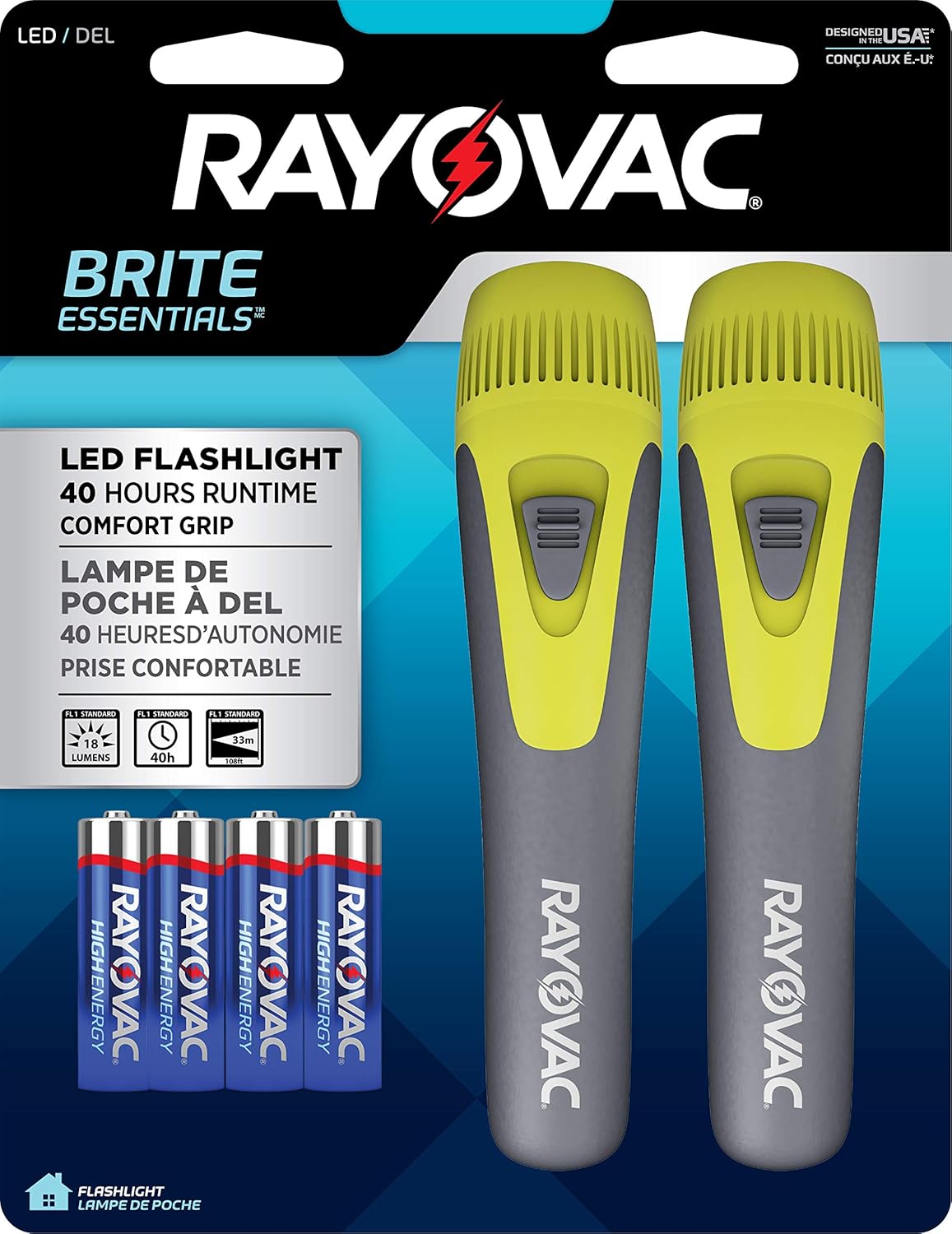Rayovac LED Flashlight 2 Pack, Comfort Grip Flash Light Set with Batteries Included - Perfect for Power Outages, Emergency Situations, Camping, Hiking, Dog Walking, Blue & Orange (2 Pack) - - 