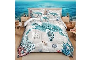 Bedbay Coastal Bedding Set Queen Size for Girls Boys - Soft Lightweight Ocean Bedding Quilt Set - Beach Room Decor 4 Pcs Retro Turtle Beach Theme Duvet Insert