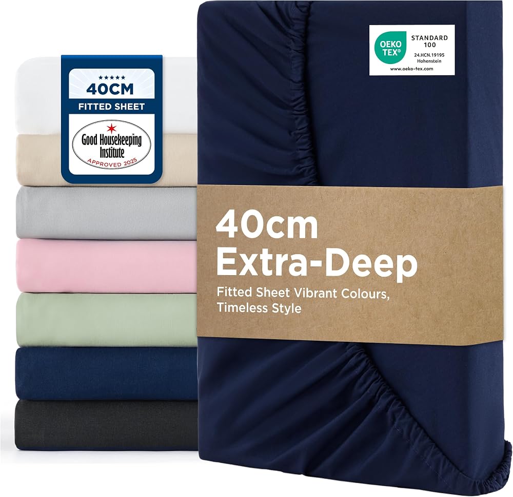 Bedsure Single Fitted Sheet Deep Pocket 16in Navy 90x190cm