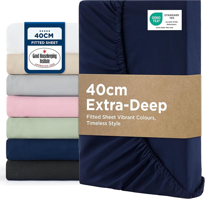 Bedsure Single Fitted Sheet Deep Pocket 16in Navy 90x190cm