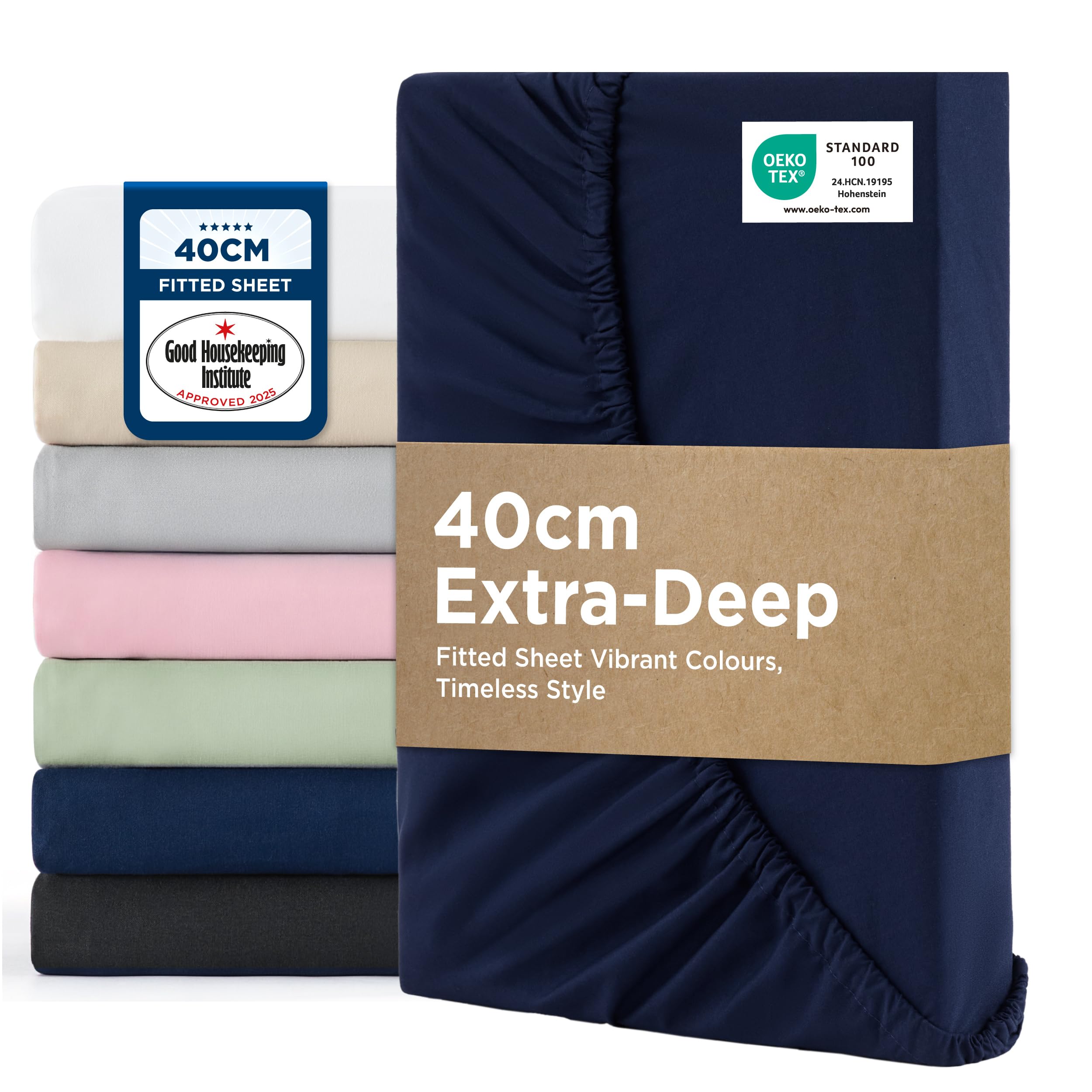 Bedsure King Size Fitted Sheets - Bed Sheets Extra Deep Pocket 16 inch (40 cm) made of Soft Brushed Microfiber for Kingsize Bed, Navy, 150x200cm