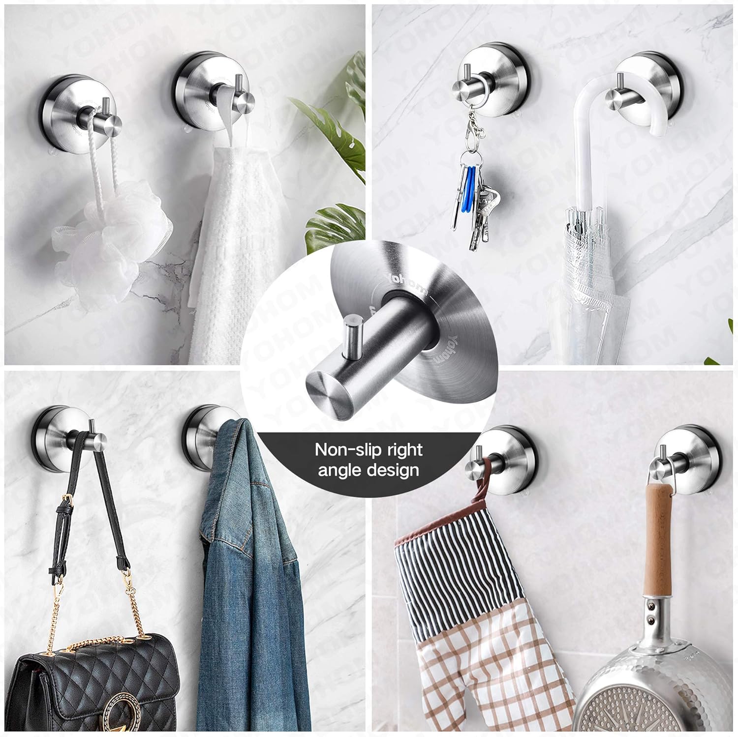 Yohom 2Pcs SUS 304 Stainless Steel Vacuum Suction Cup Hooks Shower Holder - Removable Bathroom Shower Hook Suction Towel Rack and Kitchen Organizer for Towel Hook, Bathrobe and Loofah,Brushed Finish: Home & Kitchen