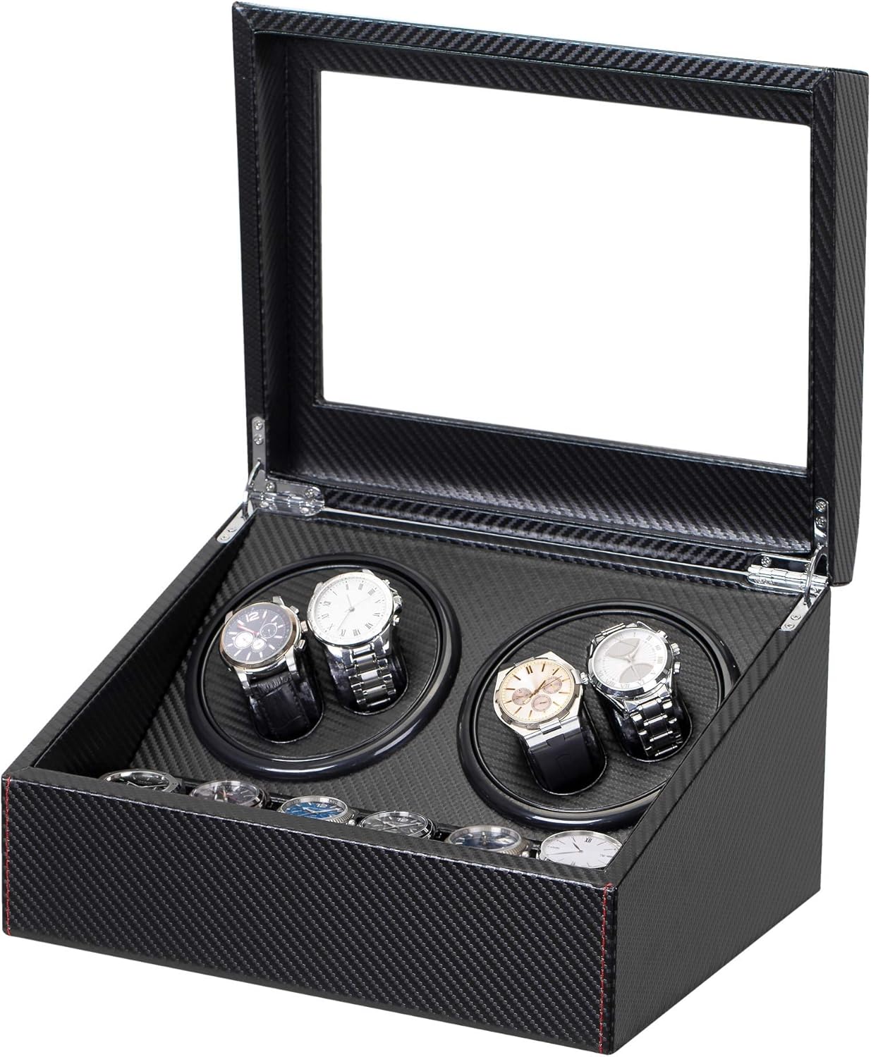 Automatic Watch Winder with 4 Quiet Running Motor Watch Winding Display+ 6 Flexible Watch Pillows Luxury Fiber Leather Storage Case for Man/Woman's Watches- AC Adapter: Watches