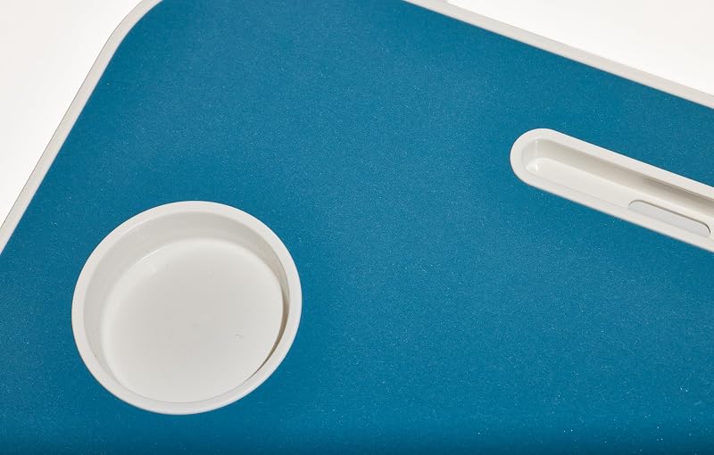 , Mesa para Smart Working, Escritorio Plegable de plástico y Metal, Plegable con portavasos y Soporte para Tablet, para Cama y sofá, 60 x 40 x 30 cm, Color Azul petróleo