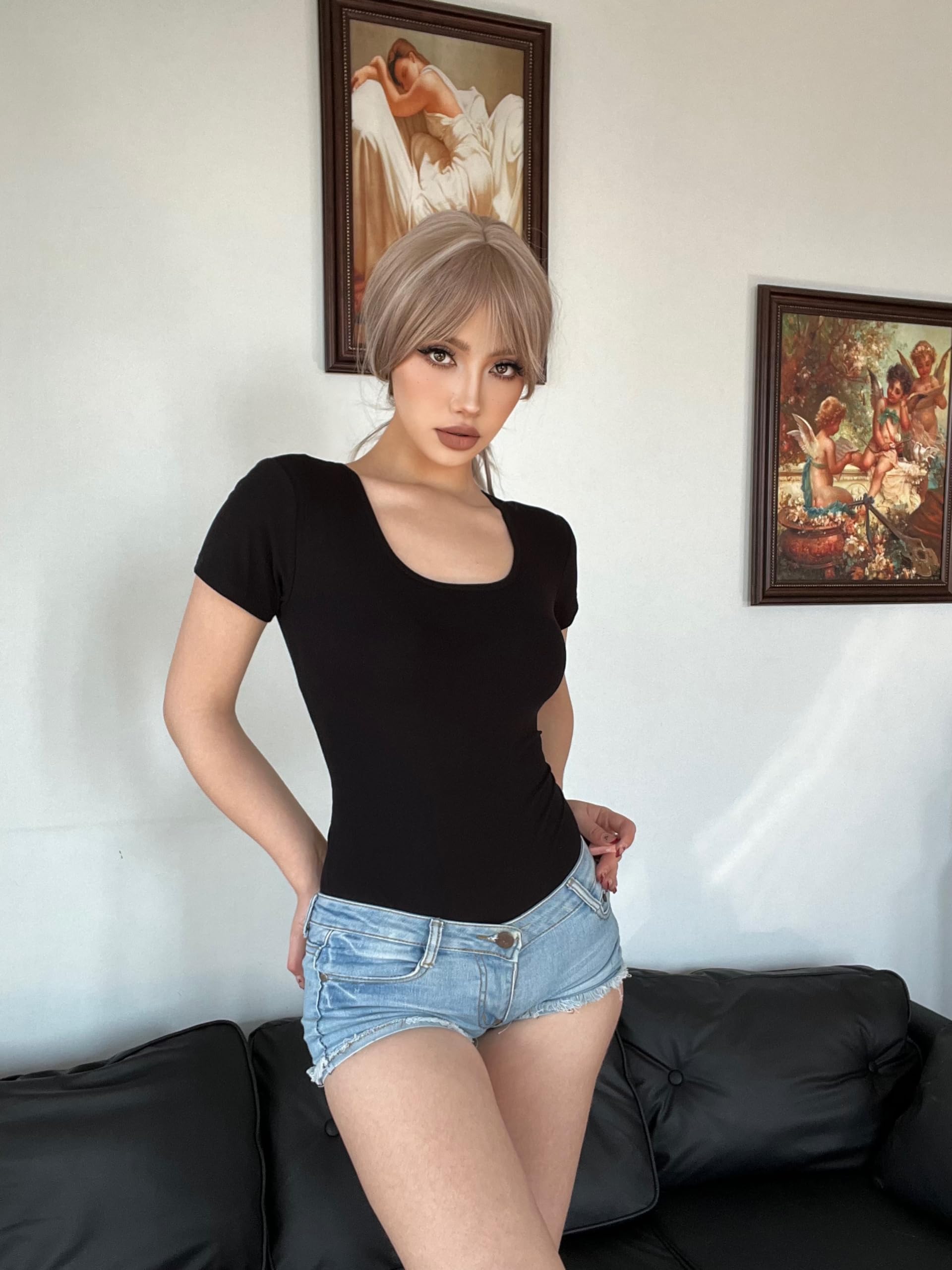 Chongbaijia 5 Pack Short Sleeve Bodysuits for Women Square Neck Casual Stretchy Basic Body Suits Tops T Shirts