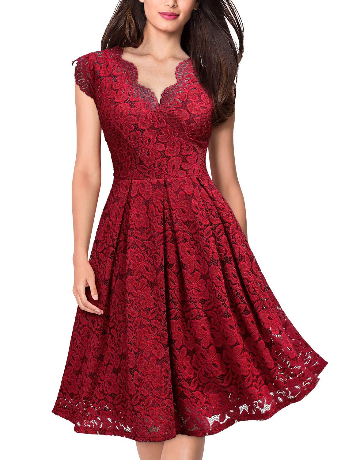 MISSMAY Women's Vintage Floral Lace Short Sleeve V Neck Cocktail Party