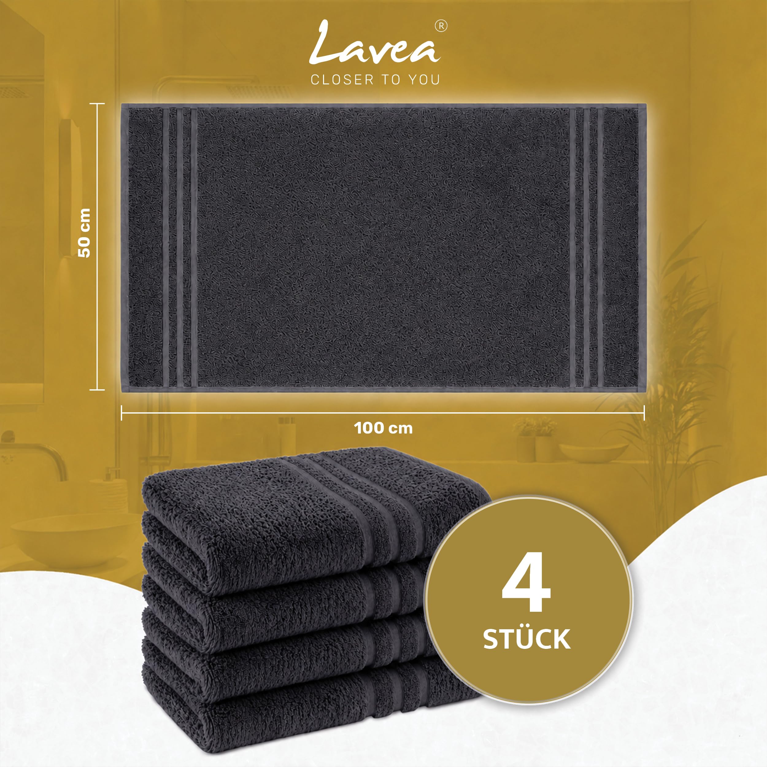 Lavea® 4er Set Handtücher 50x100 cm, Elena Frottiererie, 100% Baumwolle, Saugstark & Weich, Handtücher Set, Waschbar, Trocknergeeignet, Gäste Handtücher, Frottierhandtuch - Anthrazit 7