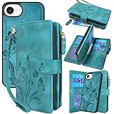 Lacass Case Wallet Compatible with iPhone 16e, [12 Card Slots] ID Credit Cash Holder Zipper Pocket Detachable Leather Wallet Cover with Wrist Strap Lanyard（Floral Blue Green）