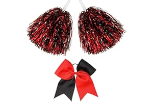 Hanaive 3 Pcs Cheerleading Pom Poms and Large Cheerleader Hair Bow Foil Pompoms Cheer for Team Cheering Squad Dance Rooters Accessories