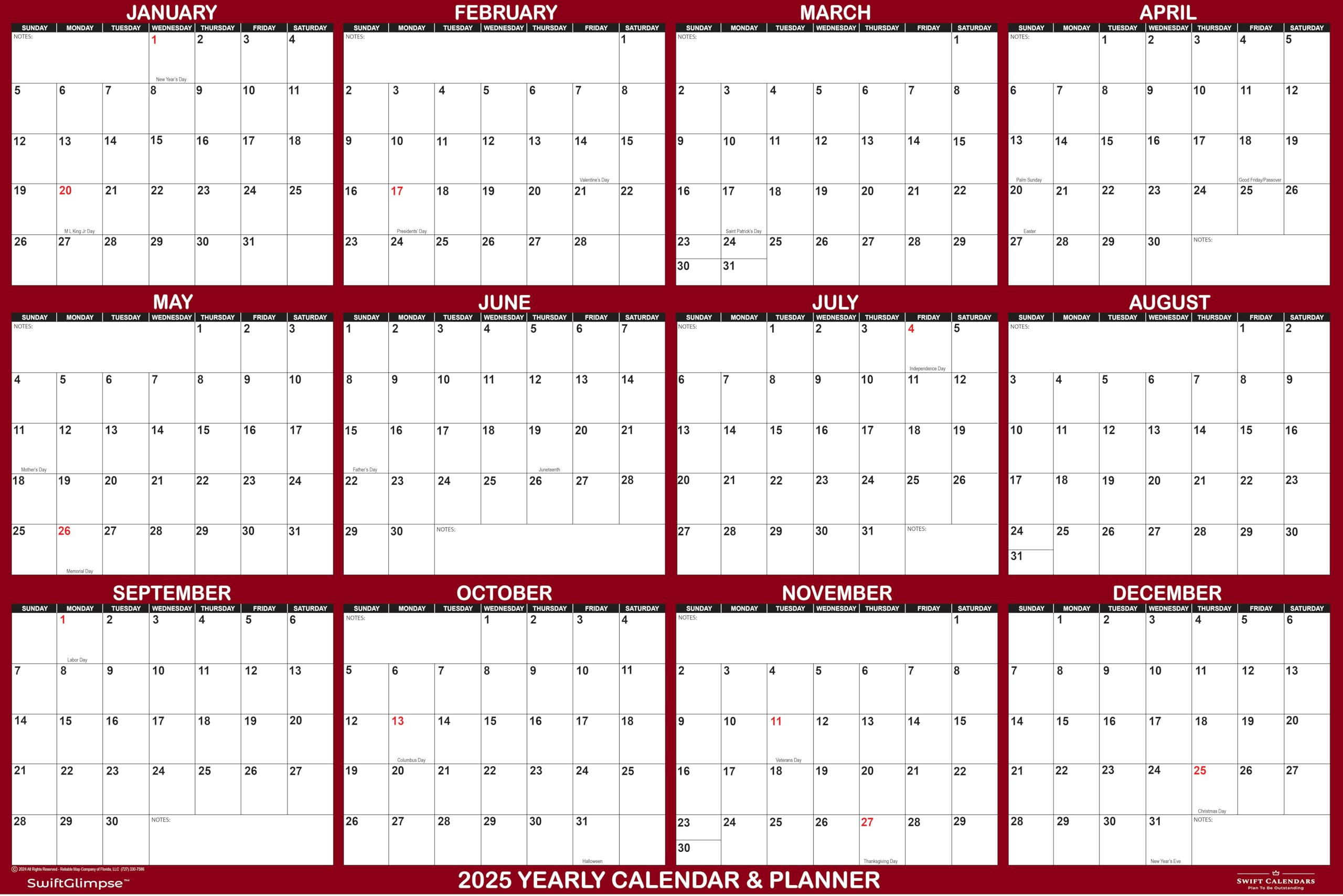 Photo 1 of 48" x 72" SwiftGlimpse 2025 Wall Calendar Erasable HUGE Jumbo Wet & Dry Erase Laminated 12 Month Annual Yearly Wall Planner, Horizontal, Maroon