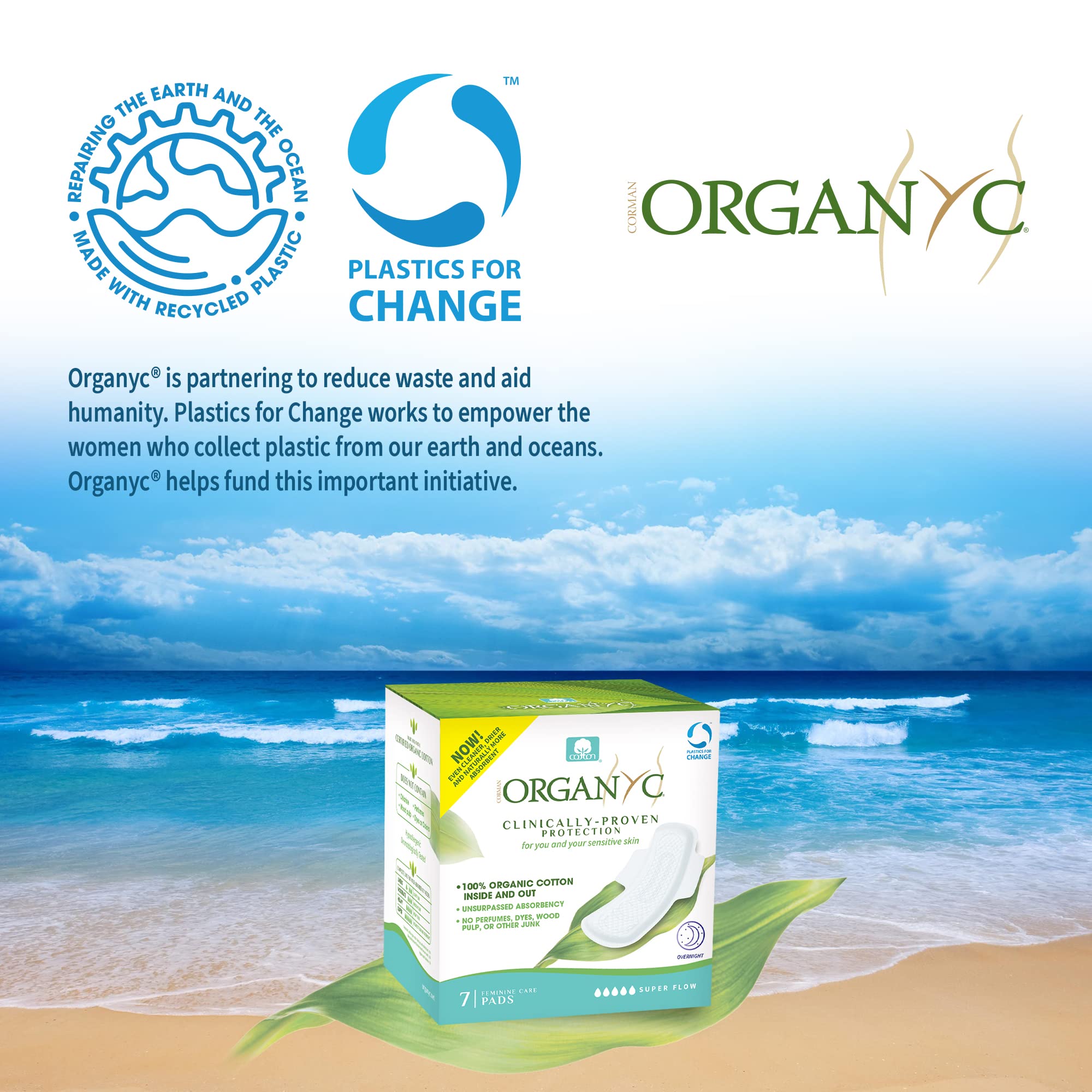 Organyc New and Improved 100% Certified Organic Cotton Inside and Out Overnight Feminine Pads, Heaviest Flow, Super Absorbency 2.0, 7 Count