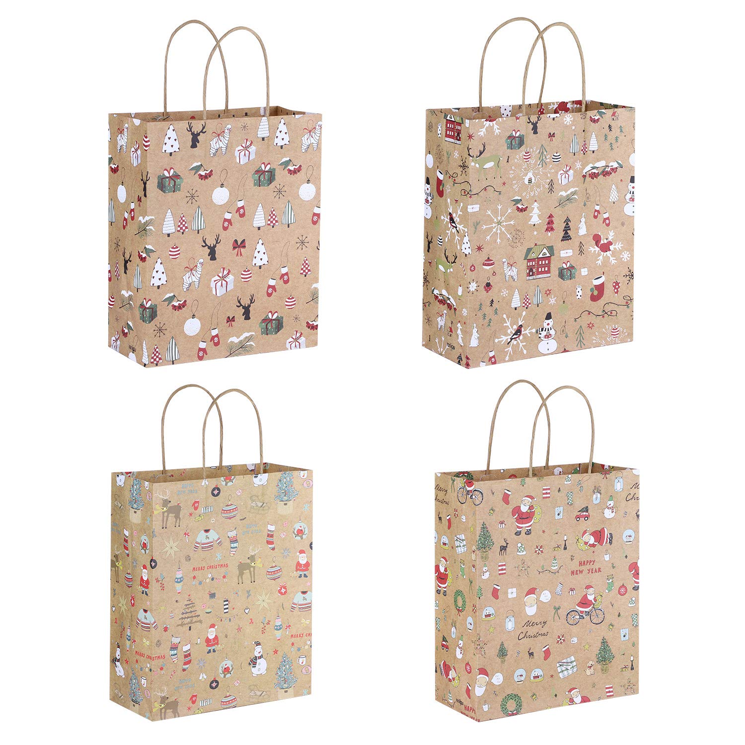 12PCS Kraft Gift Bags for Christmas Medium Carrier Bags Large Brown Paper Party Present Bags with Handle and 4 Different Pattern Reusable Shopping Bag Treat Bags Tote Bag for Birthday New Year