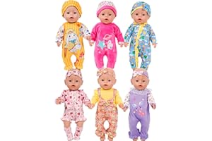 WONDOLL 6 Sets 14-16 Inch Baby Doll Clothes, New Born Doll Outfits with Rompers & Accessories for 16-inch Soft Body Dolls (43cm, No Doll)