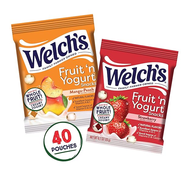 WELCH’S FRUIT SNACKS, FRUIT ‘N YOGURT VARIETY PACK, STRAWBERRY, MANGO PEACH, GLUTEN FREE, BULK PACK, SINGLE SERVE, 0.7 OZ BAGS (PACK OF 40)
