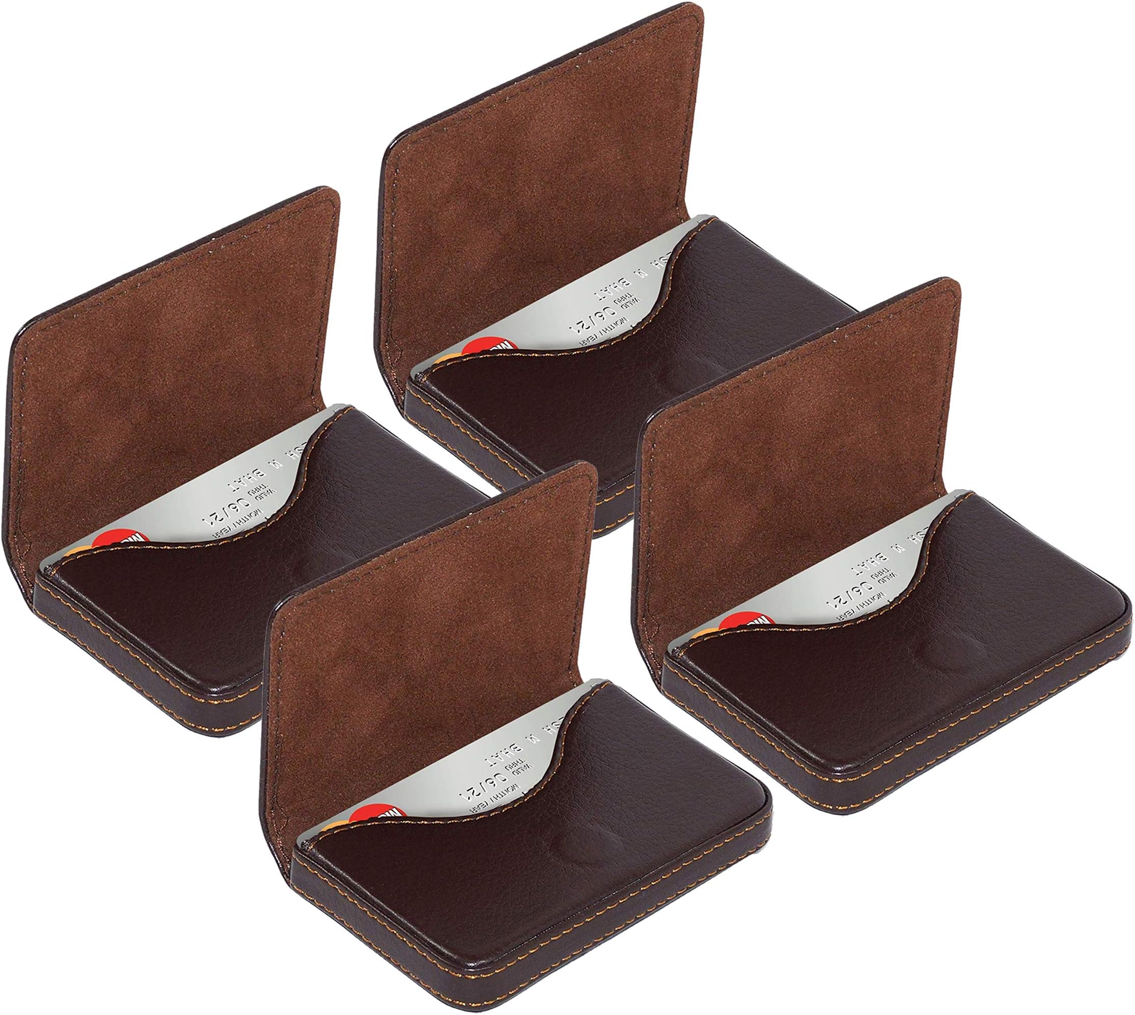NISUN 4 Pack Pocket Sized Stitched PU Leather Credit Debit Business Card Holder Case Wallet for Men & Women (100 X 60 X 16mm,Brown)
