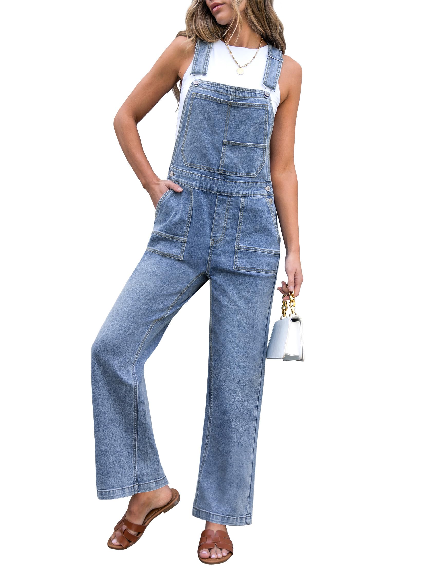 luvamia Soft Denim Overalls for Women Straight Wide Leg Baggy Stretchy Casual Womens Bib Overalls Loose Fit Adjustable Strap Denim Jumpsuit Bay Blue Size XX-Large US 20-22 Image