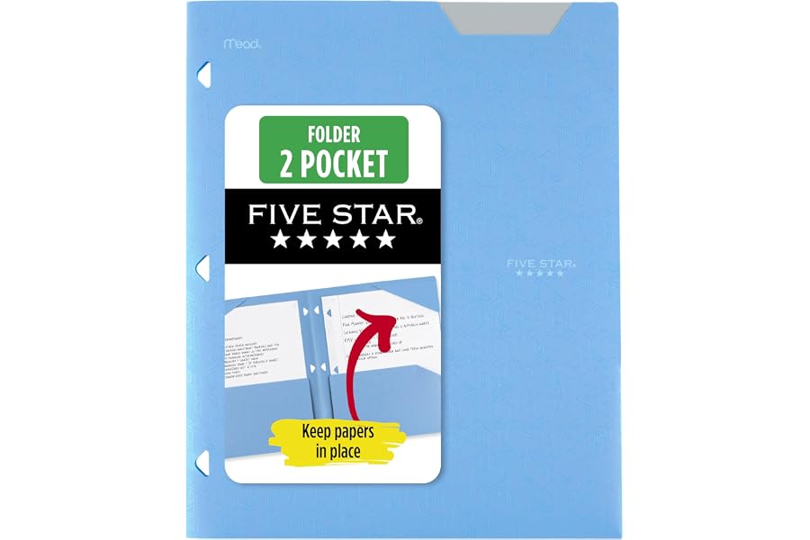 Five Star 2-Pocket Folder, Plastic Folder with Stay-Put Tabs, Fits 3-Ring Binder, Holds 8-1/2" x 11" Paper, Pacific Blue (333420C-ECM)