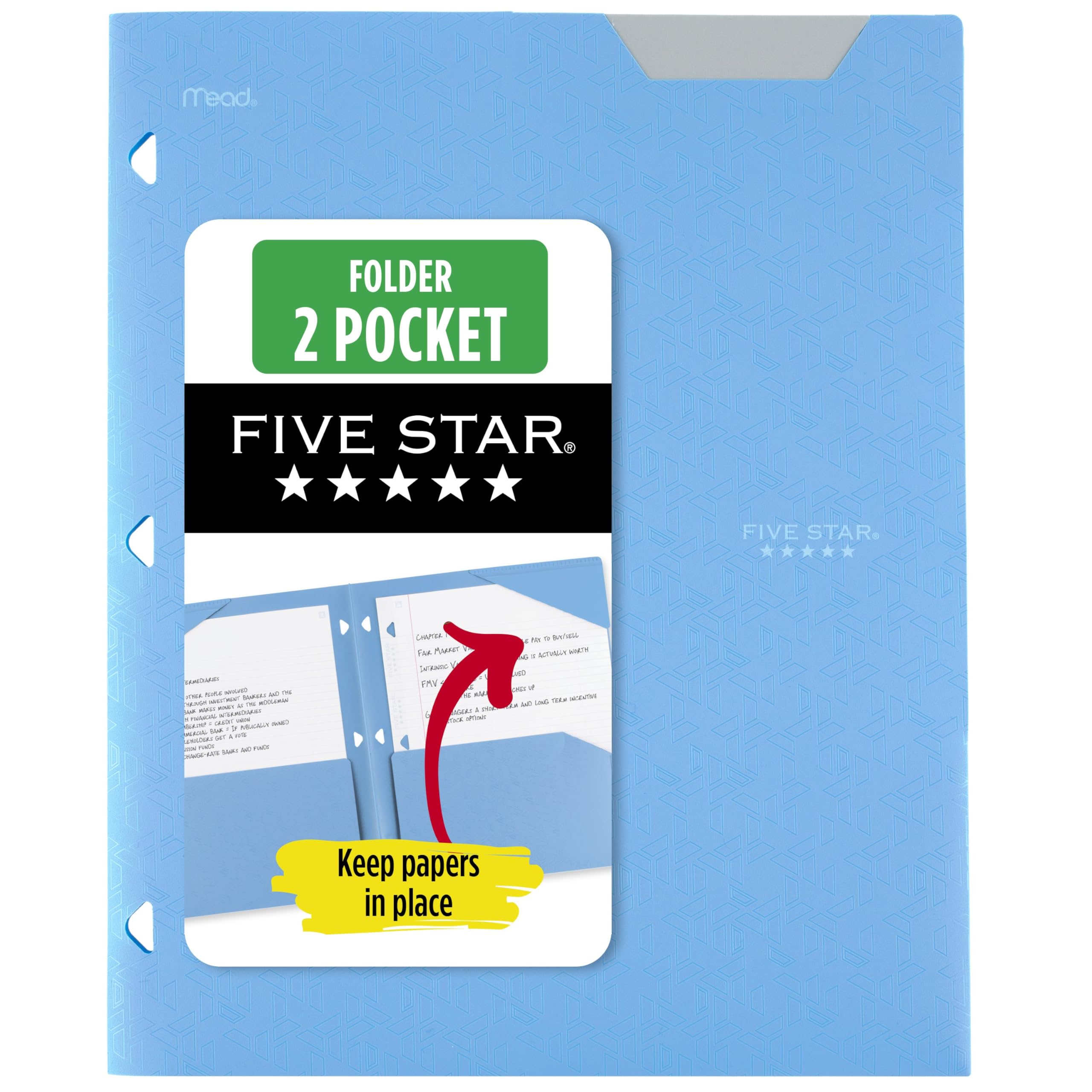 Five Star 2-Pocket Folder, Plastic Folder with Stay-Put Tabs, Fits 3-Ring Binder, Holds 8-1/2" x 11" Paper, Pacific Blue (333420C-ECM)