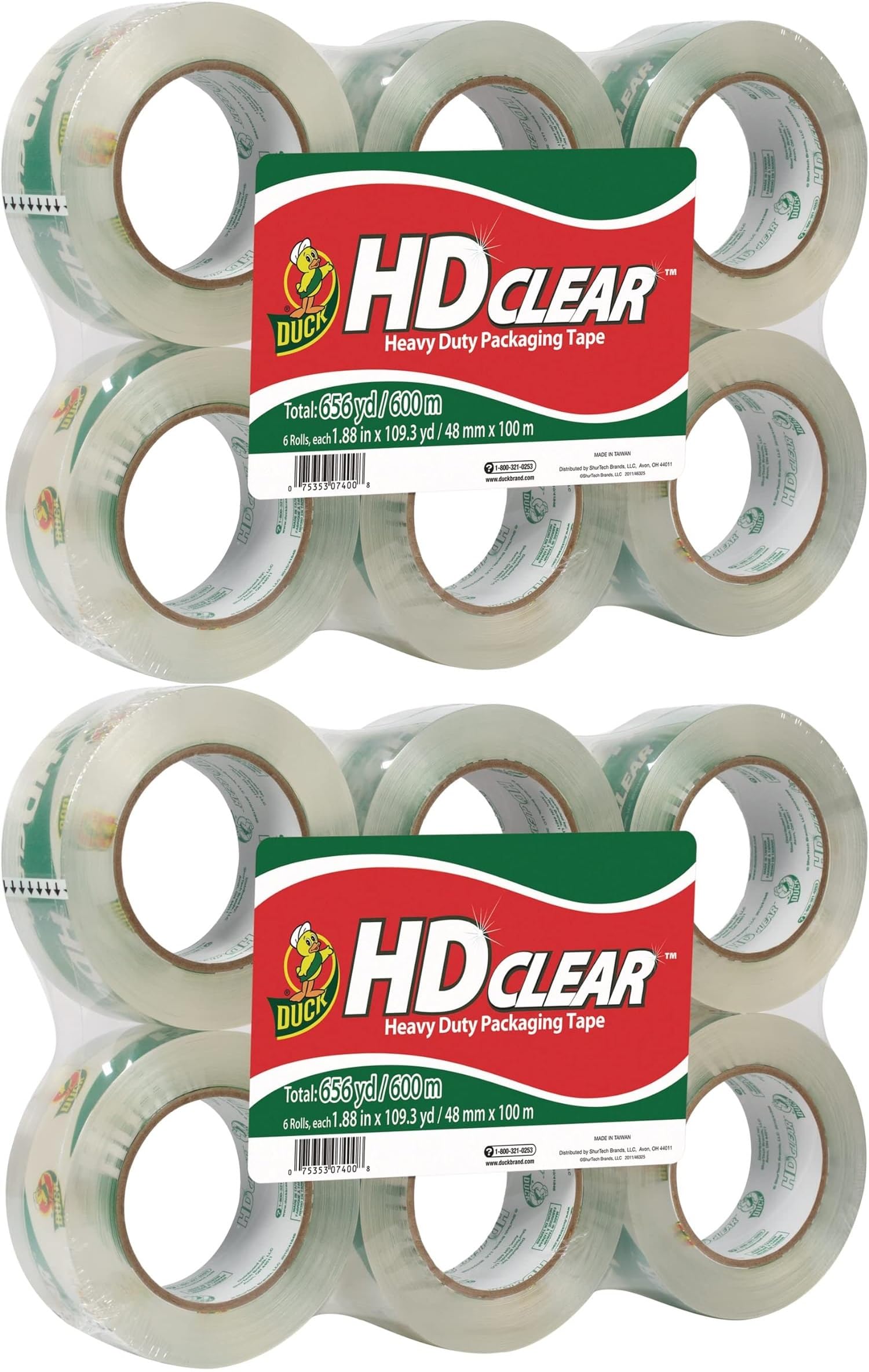 Duck HD Clear Heavy Duty Packing Tape, Extra Long 1.88” x 109 Yards per Roll, 3" Core, 6 Rolls (299016) - Pack of 2 Image