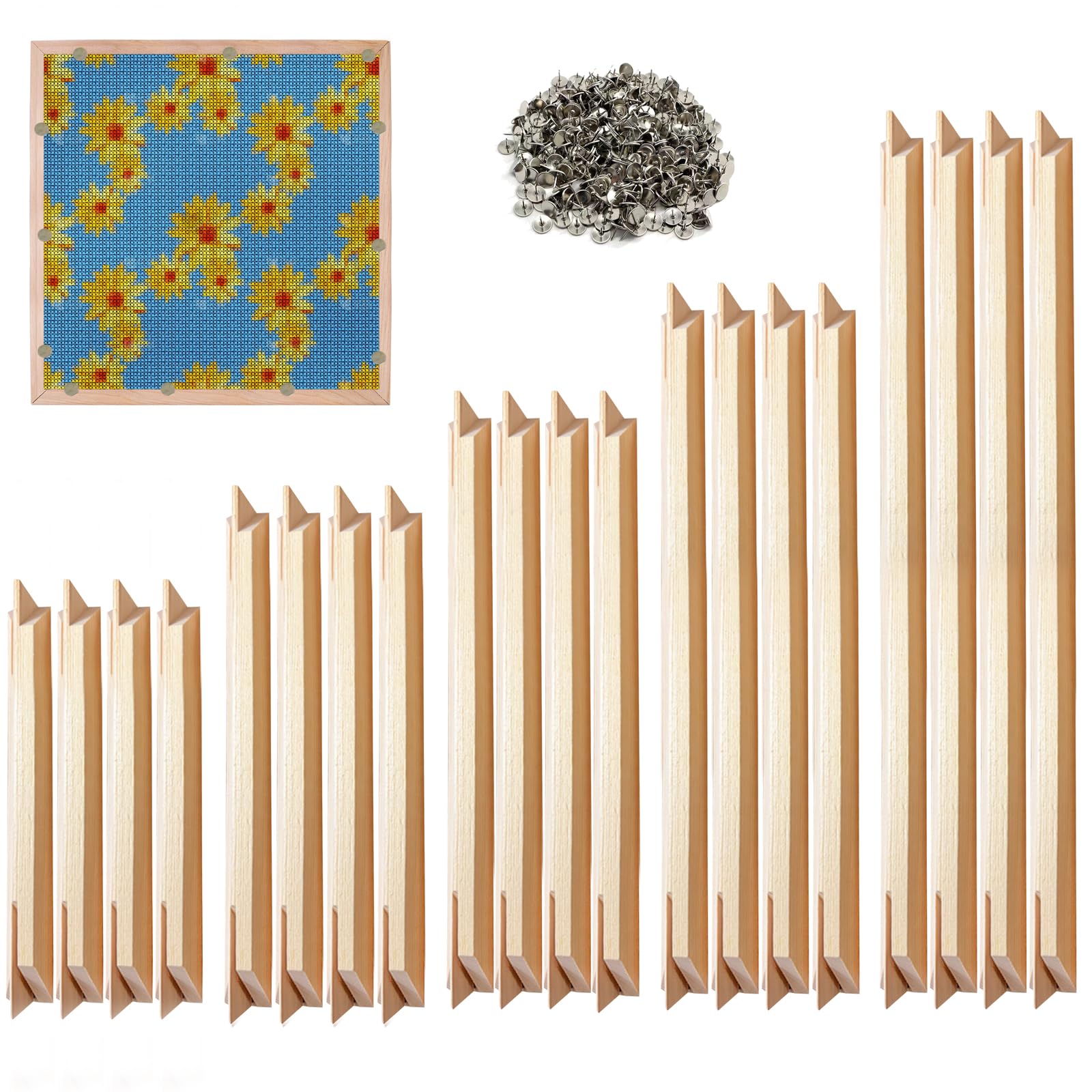 Photo 1 of 10 Sets Stretcher Bars for Needlework, 5 Sizes Wooden Canvas Stretcher Bars with 1 Box of Thumbtacks, Needlepoint Embroidery Stitch Frame Set for DIY Crafts Art Supplies