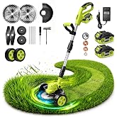 SEESE Cordless Electric Weed Wacker: 3 Different Blades for Lawn Trimming | with 2&times;3.0Ah Batteries, Wheels, and Safety Guard, Lightweight &amp; Ergonomic Design - Suitable for Yard &amp; Garden