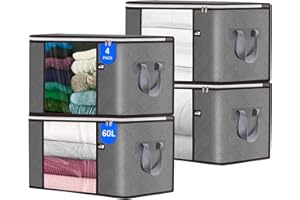 HOTBAG 60L Storage Bag, 4 Pack Foldable Blanket Storage Bins, Large Clothes Storage Bins with Lids and Handle Storage Containers for Organizing Bedroom, Closet, Clothing and Comforter