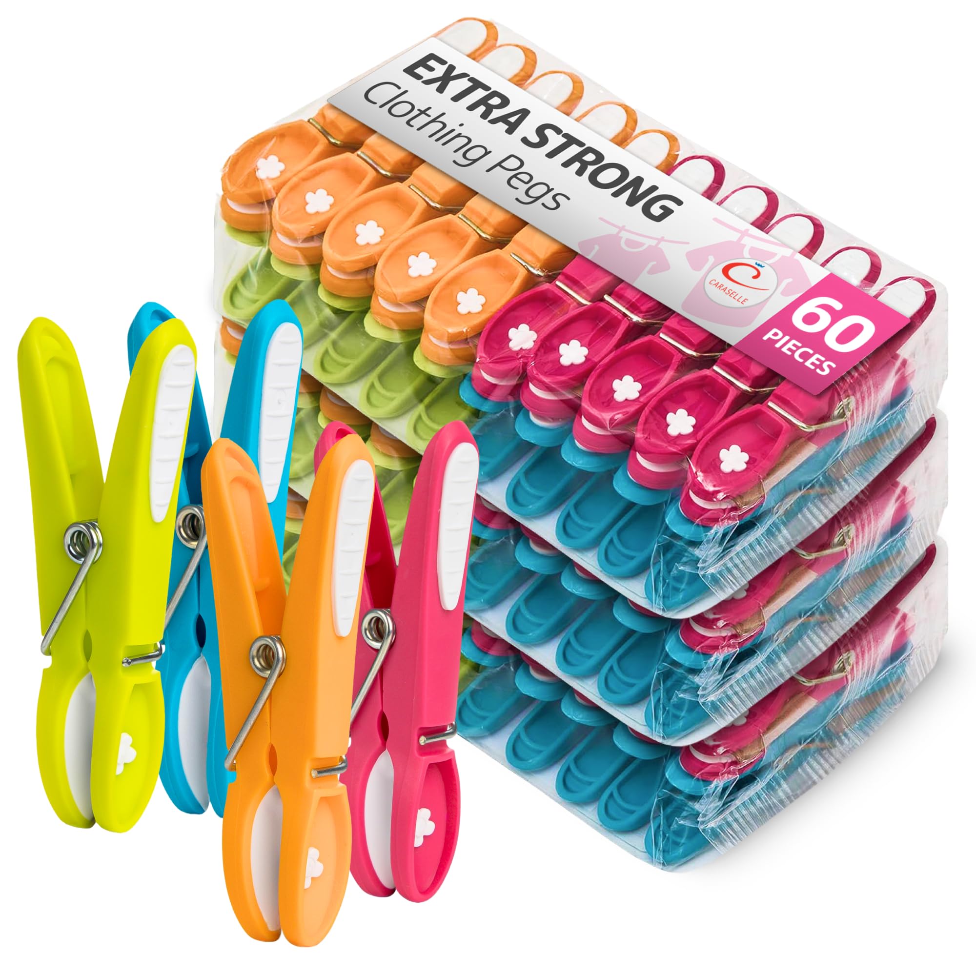 CARASELLE Clothes Pegs for Washing Line Strong - Non Slip Heavy Duty Washing Pegs w/Rubber Pad for Mark Free Secure Grip - Indoor Outdoor Plastic Clothes Pegs Strong Large Laundry Pegs - 60 pcs