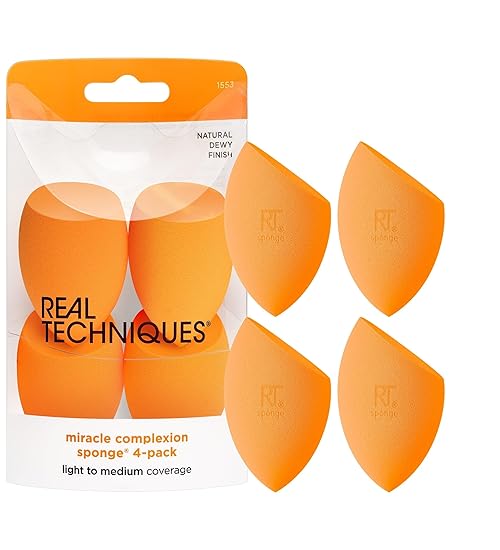 Real Techniques Miracle Complexion Makeup Sponge, 4-Pack Beauty Blender For Liquid & Cream Foundation, Streak-Free Coverage, Latex-Free, Vegan & Cruelty-Free