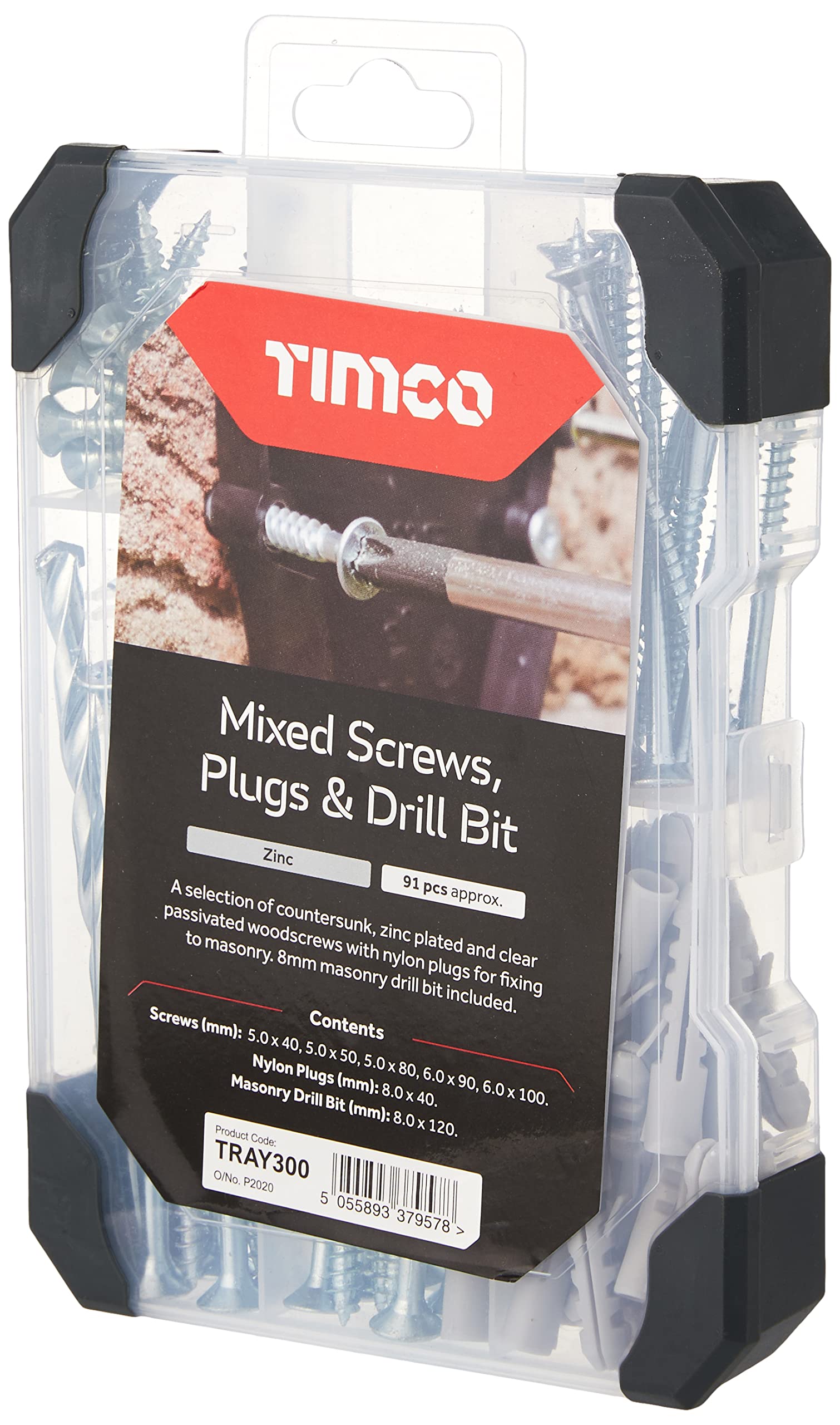 TIMCO Mixed Tray - Screws Plug & Drill Bit - Zinc - 91pcs - A Selection of countersunk, zinc Plated and Clear passivated woodscrews with Nylon Plugs for Fixing to Masonry