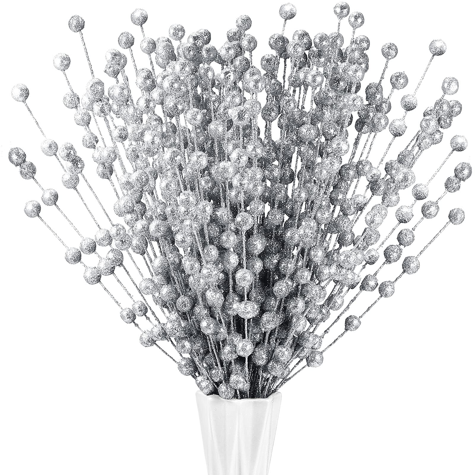 Syhood 200 Pieces Christmas Berries Artificial Stems Christmas Tree Decorations Fake Christmas Picks for Home Glitter Sticks DIY Wreath Crafts Fireplace Holiday Christmas Decor 13.8 Inches (Silver)