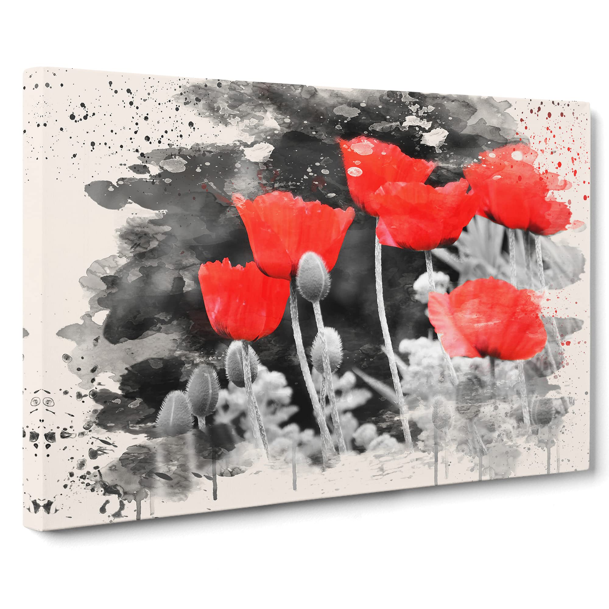 Red PModern OPpy Field Flowers No.7 Modern FC Canvas Print | Gallery Wrapped 30mm Frame Wall Art | 20x14 inches | Ready to Hang | Modern Floral Picture | Living Room Bedroom Lounge Office
