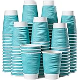 MATICAN Paper Coffee Cups, 100-Pack 12-oz Insulated Corrugated Disposable Paper Cups, Ripple Wall Cups for Hot Beverage or Cold Drinks, Turquoise (No Lids)